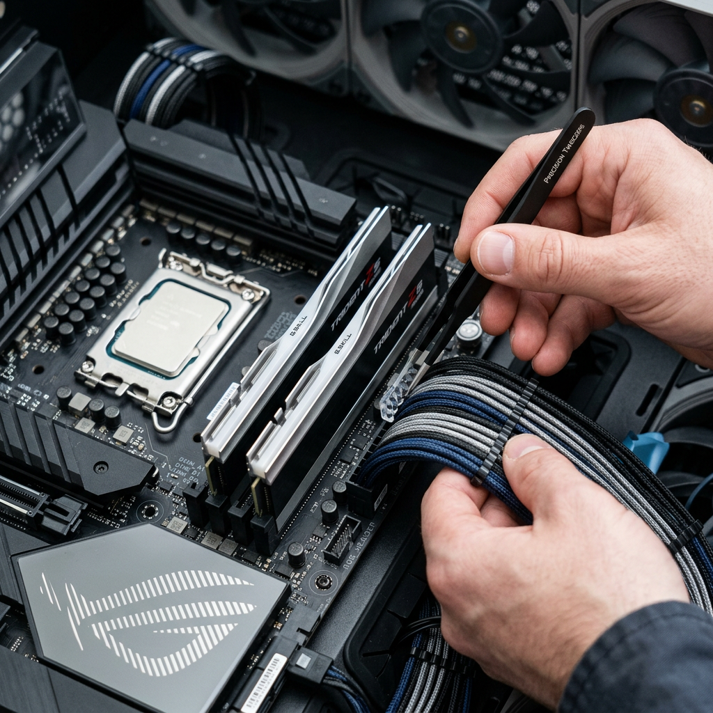 Hands installing RAM modules onto a motherboard using precision tweezers